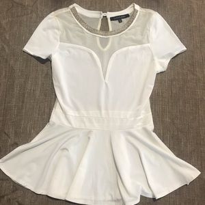 Off White Cream Peplum Top with Mesh and Beading